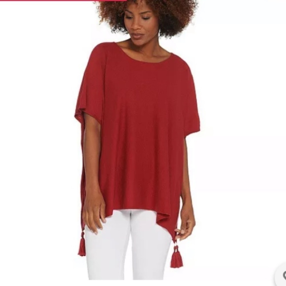 Belle by Kim Gravel Red Sweater Poncho w Tassle